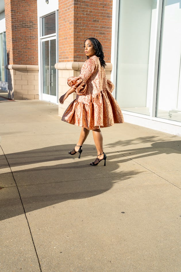 FARAH ASYMMETRICAL GATHER HEM PUFF SLEEVE DRESS