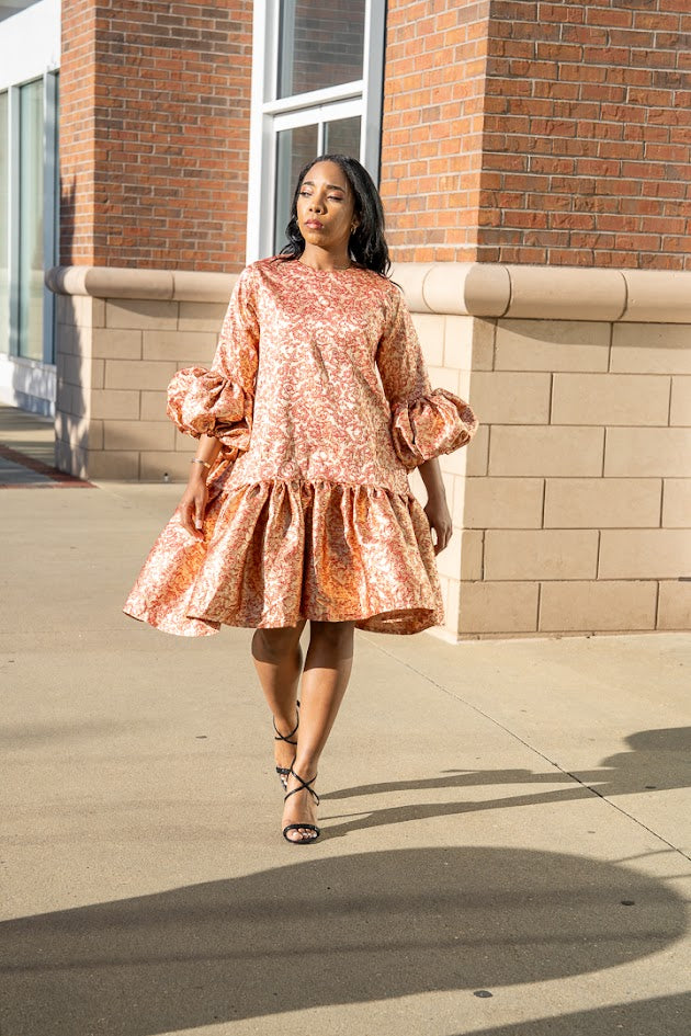 FARAH ASYMMETRICAL GATHER HEM PUFF SLEEVE DRESS
