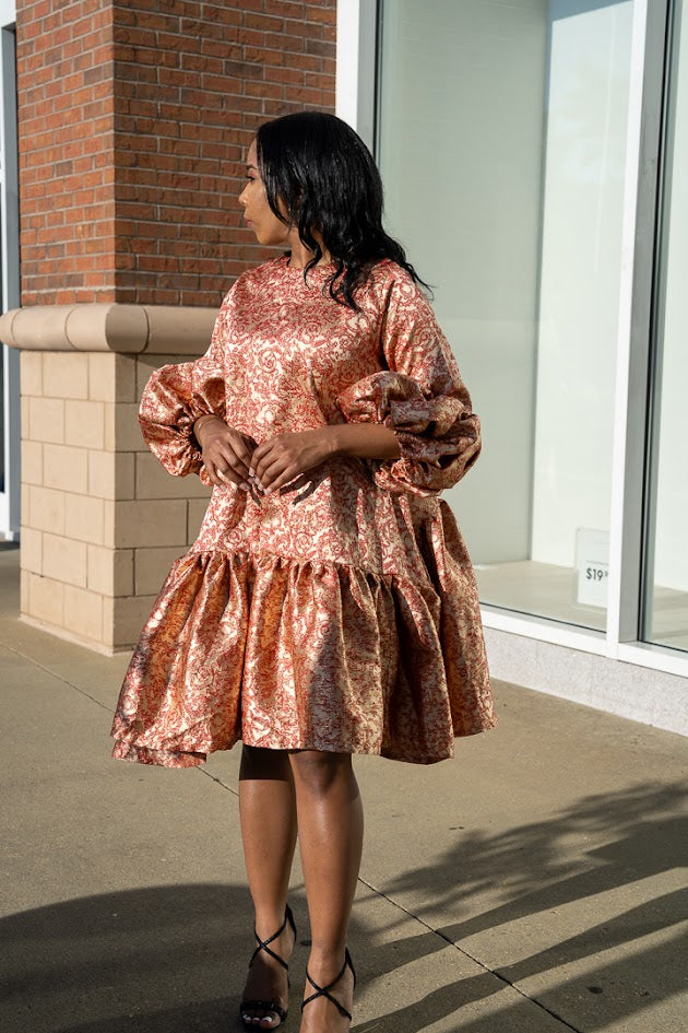 FARAH ASYMMETRICAL GATHER HEM PUFF SLEEVE DRESS