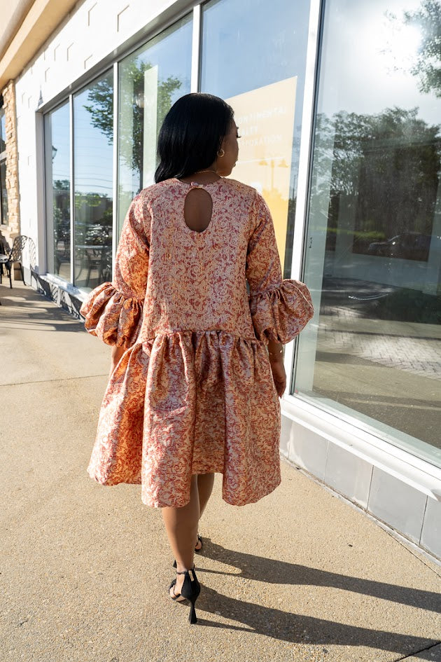 FARAH ASYMMETRICAL GATHER HEM PUFF SLEEVE DRESS