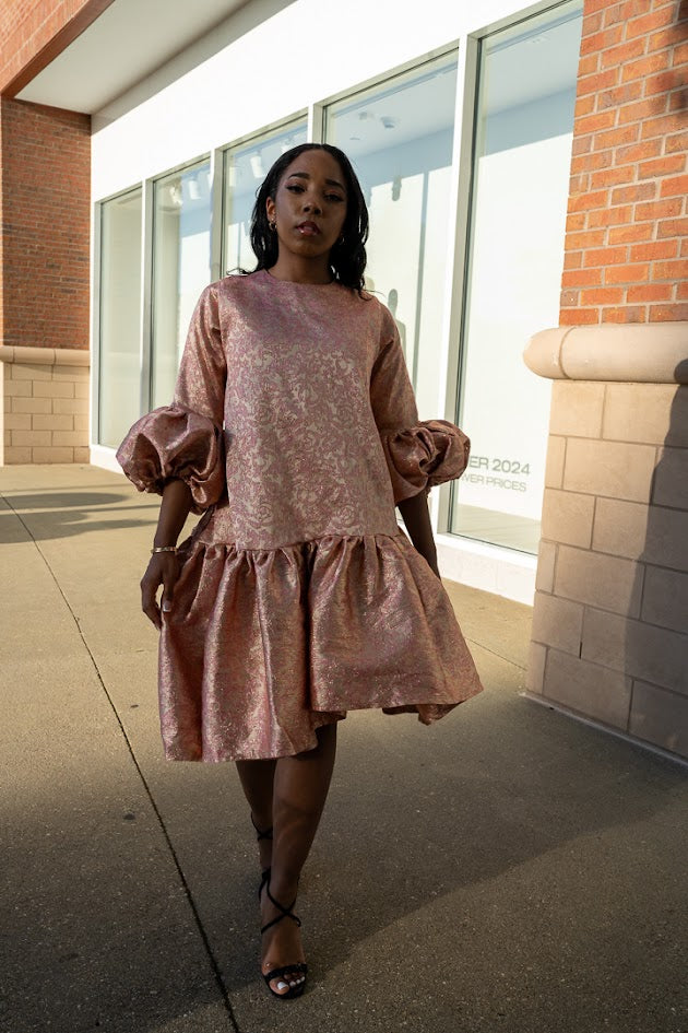 LOLA ASYMMETRICAL GATHER HEM PUFF SLEEVE DRESS