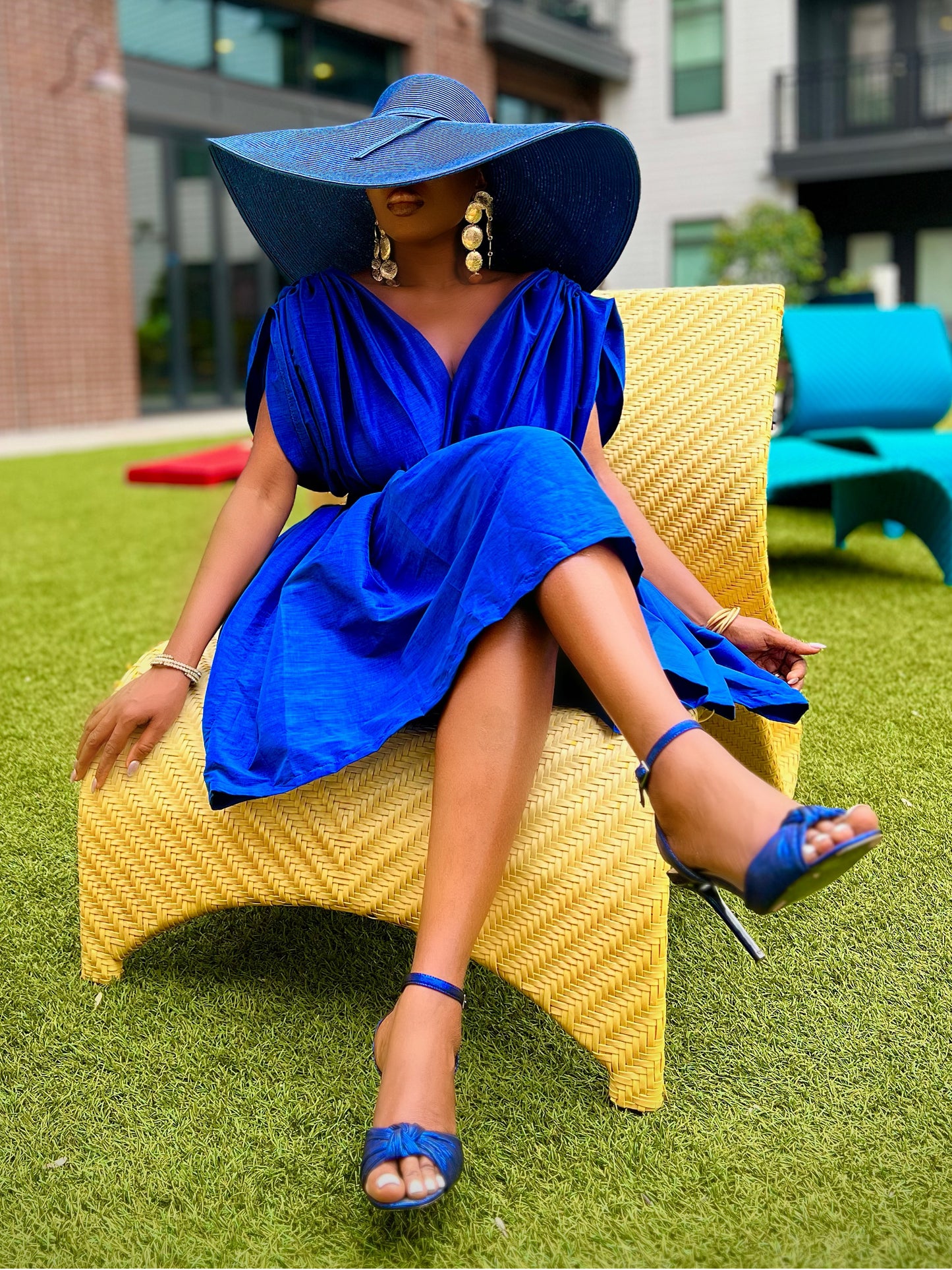 MANDY - Royal Blue Pleated Mini Dress with V-Neck