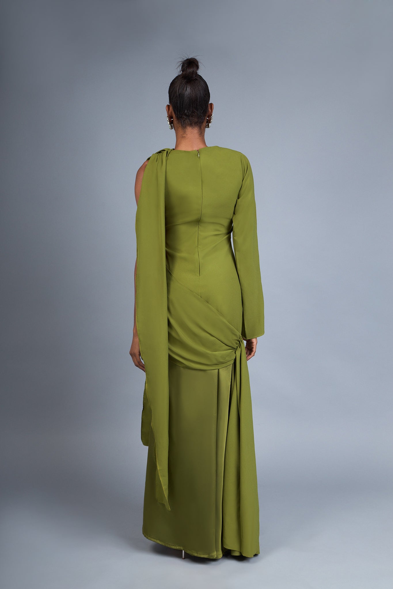 SHEBA - Flowing Olive Green Draped Evening Gown