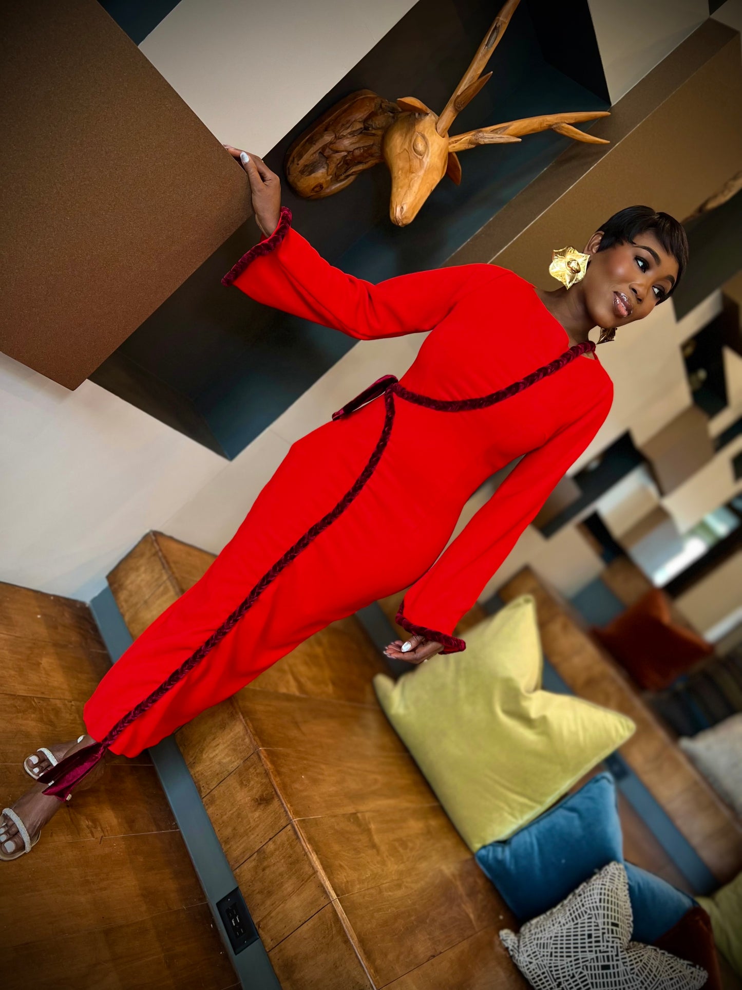 KION - Red Long-Sleeve Fitted Maxi Dress with Braided Hem