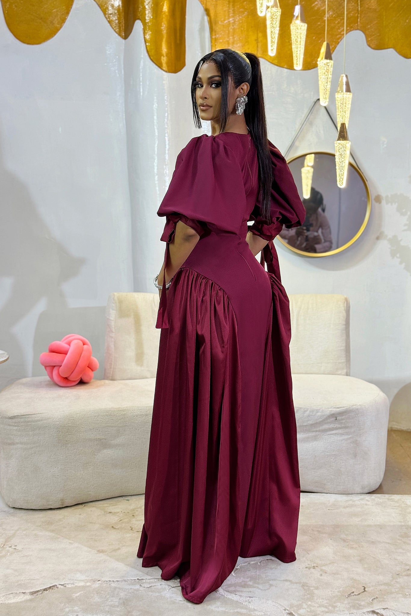 LORI - Burgundy Crepe & Silk Maxi Dress with Puff Sleeves and Bow-Tie Detailing