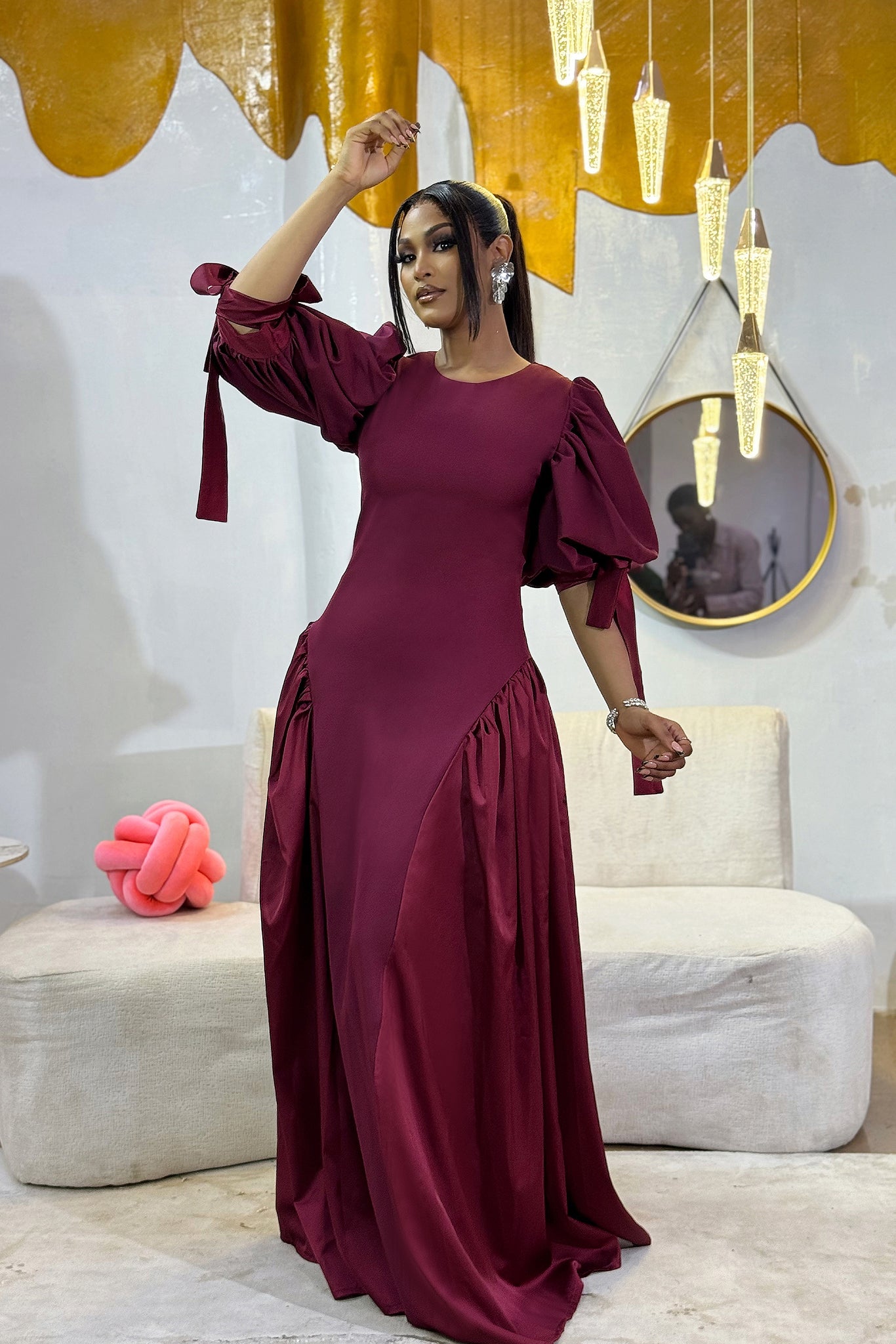 LORI - Burgundy Crepe & Silk Maxi Dress with Puff Sleeves and Bow-Tie Detailing