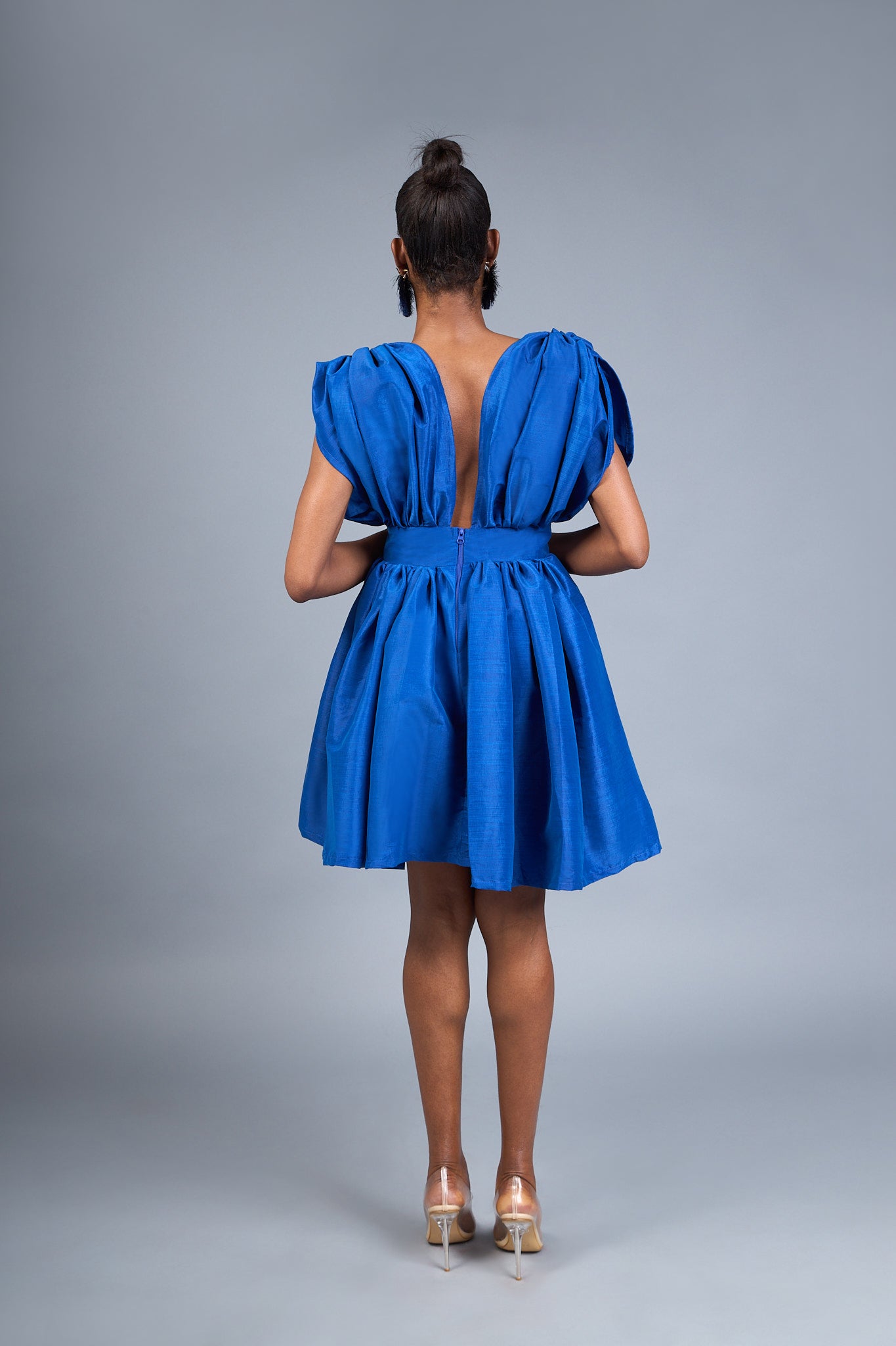MANDY - Royal Blue Pleated Mini Dress with V-Neck