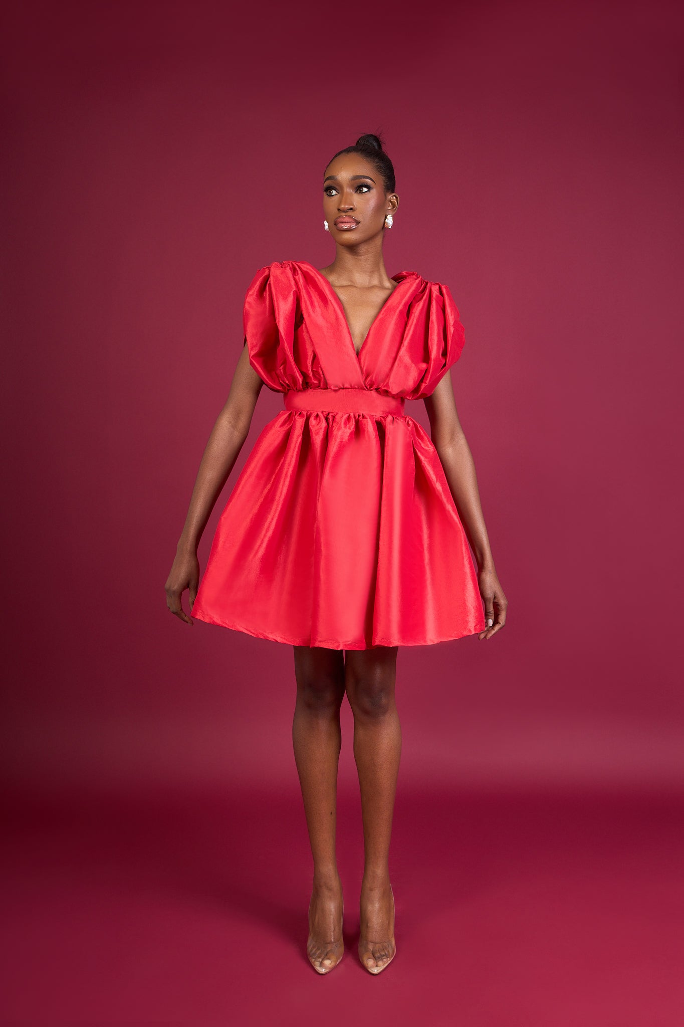 MANDY - Red Pleated Mini Dress with V-Neck