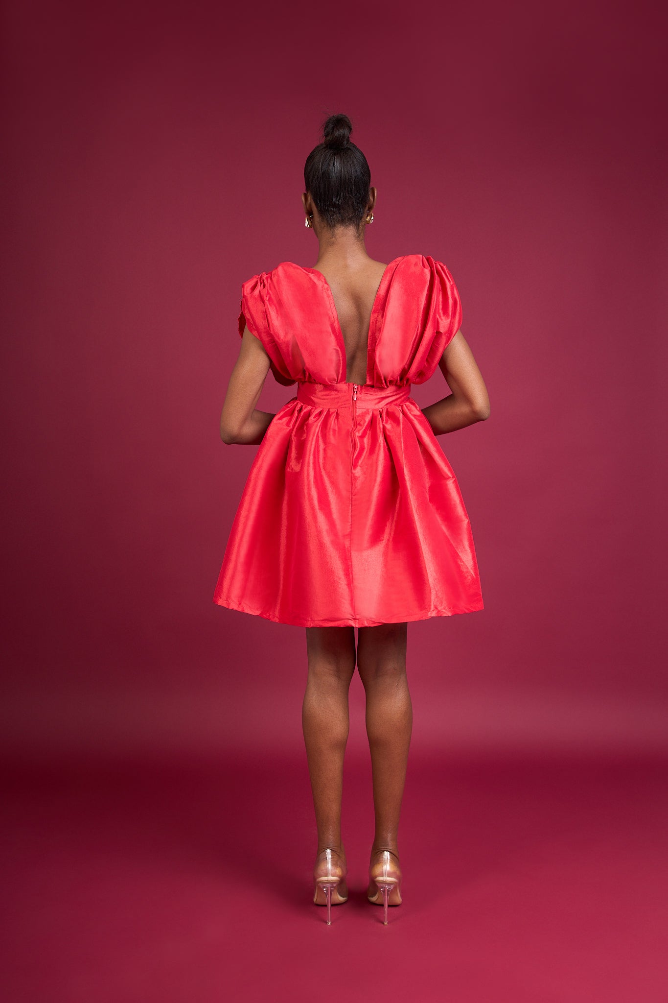 MANDY - Red Pleated Mini Dress with V-Neck