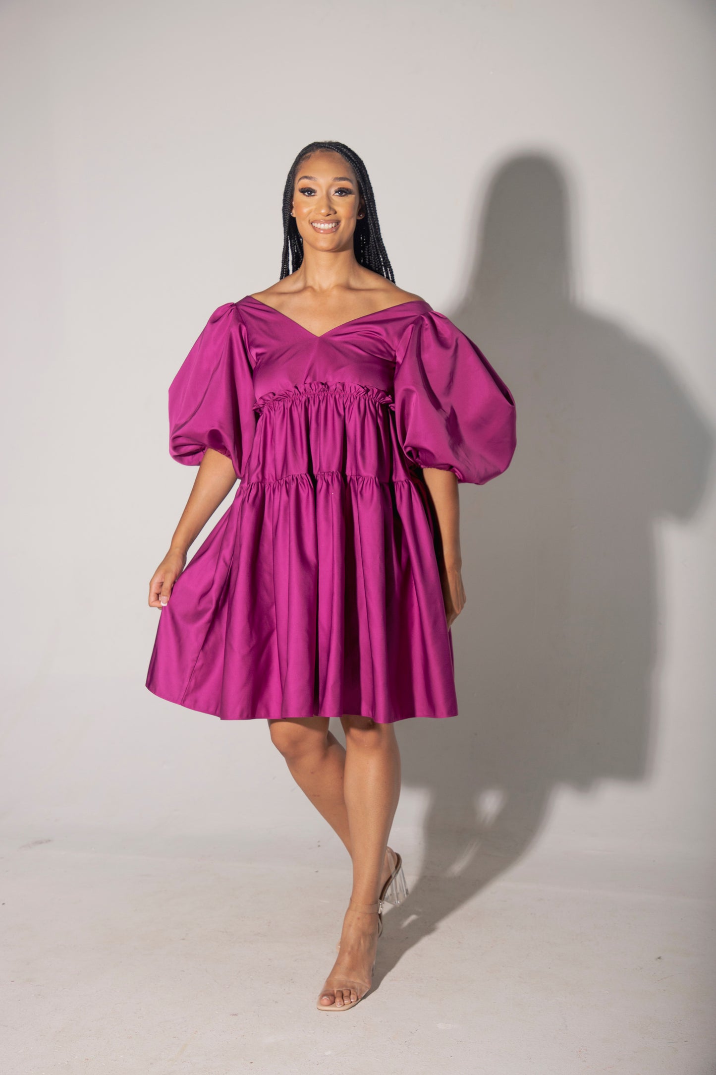 VIOLA V-NECK PUFF SLEEVE MIDI DRESS - PURPLE