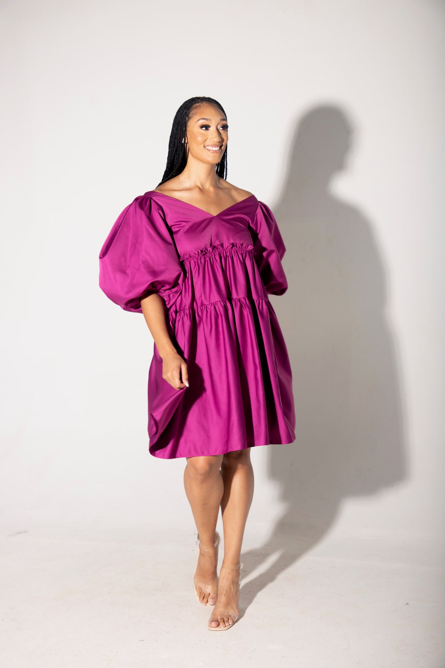 VIOLA V-NECK PUFF SLEEVE MIDI DRESS - PURPLE