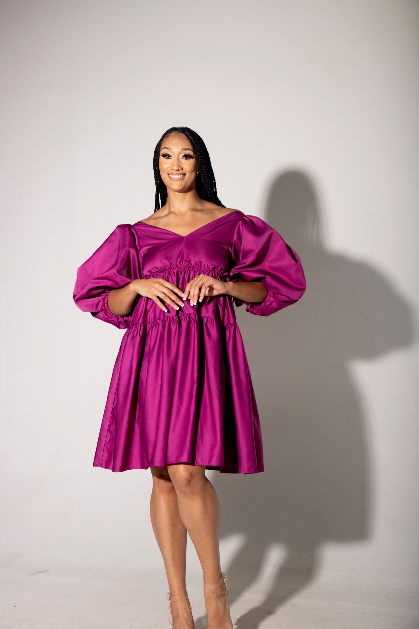 VIOLA V-NECK PUFF SLEEVE MIDI DRESS - PURPLE