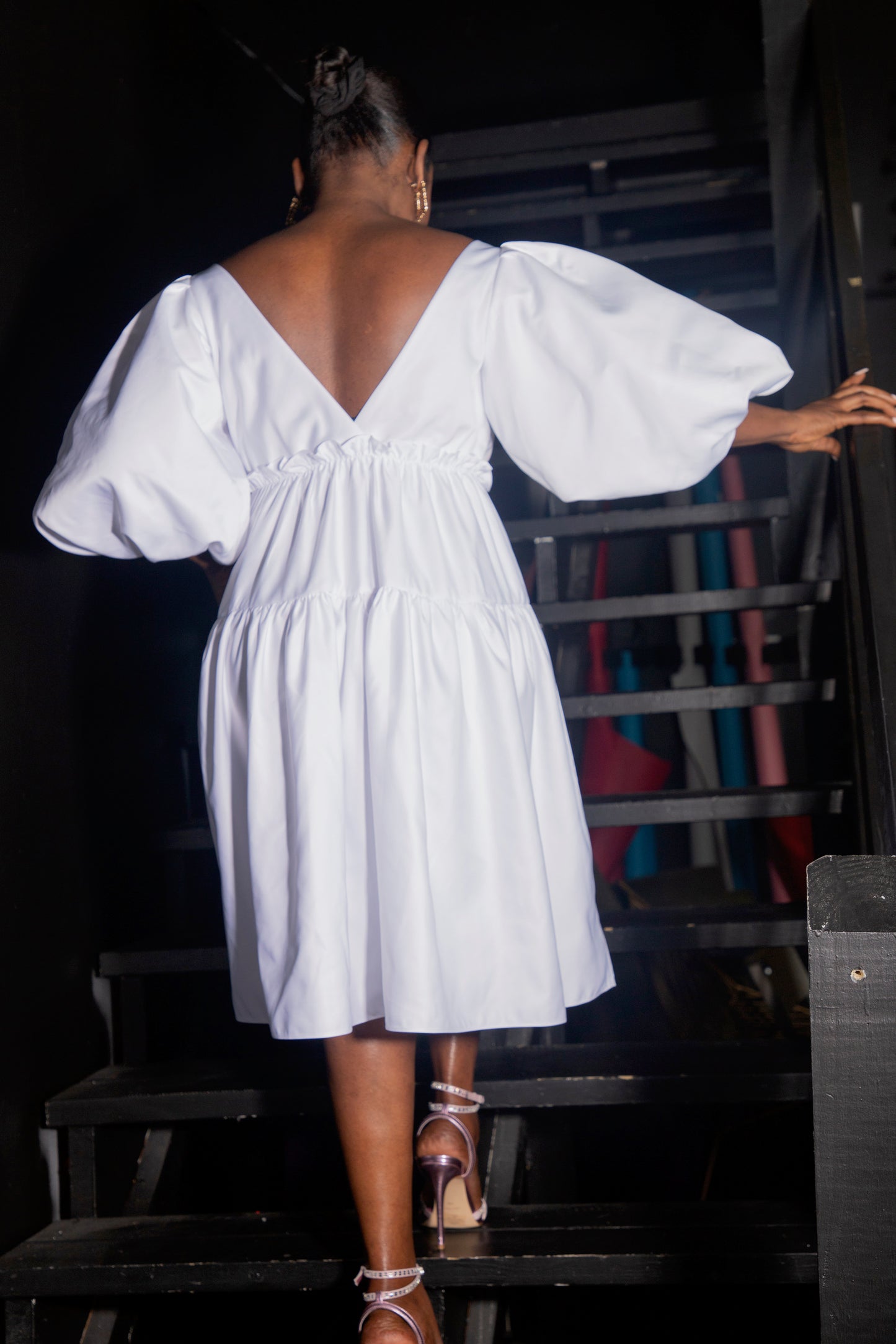 VIOLA V-NECK PUFF SLEEVE MIDI DRESS - WHITE