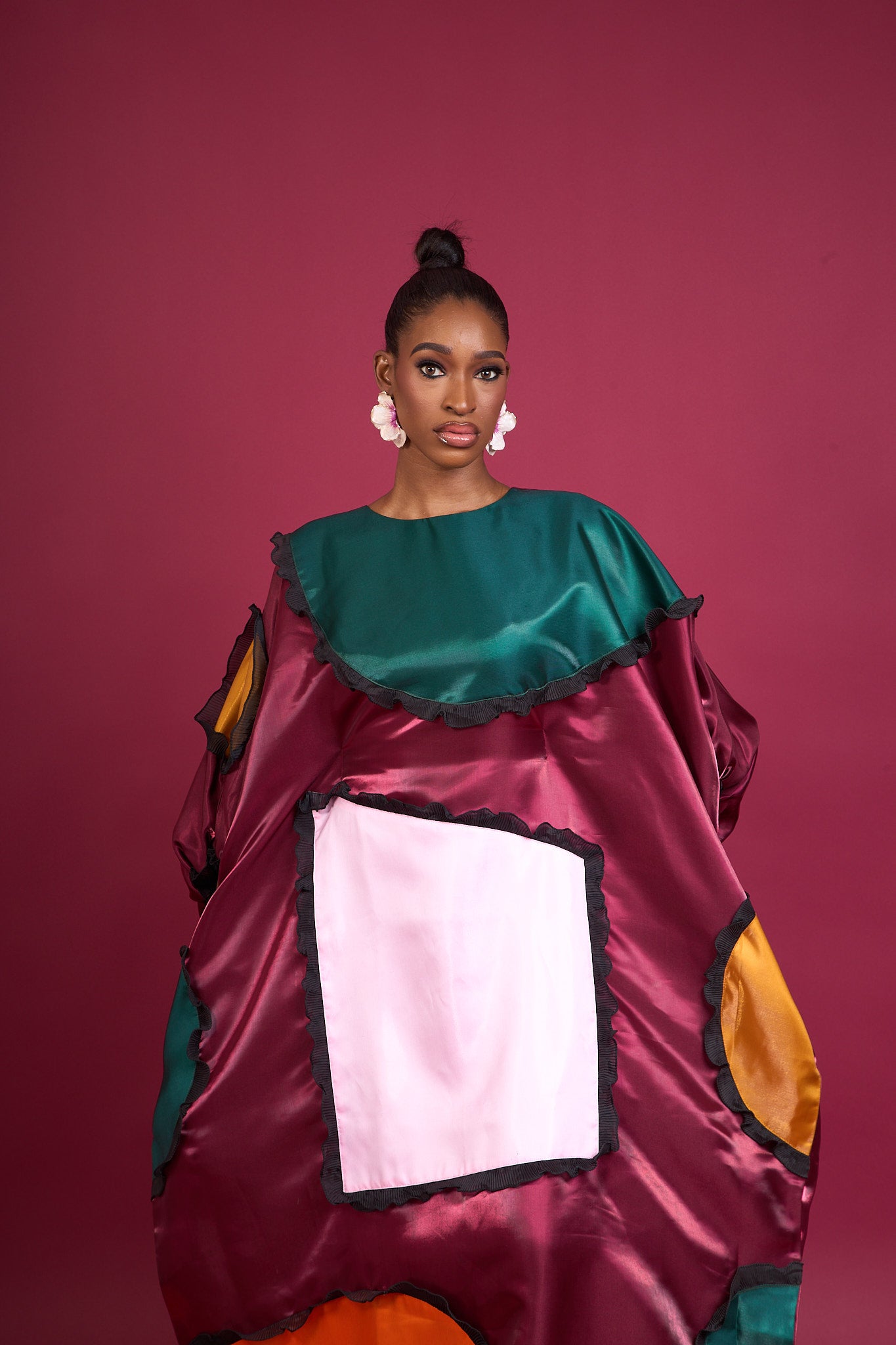ONA - Burgundy Satin Kaftan Gown with Vibrant Color Details