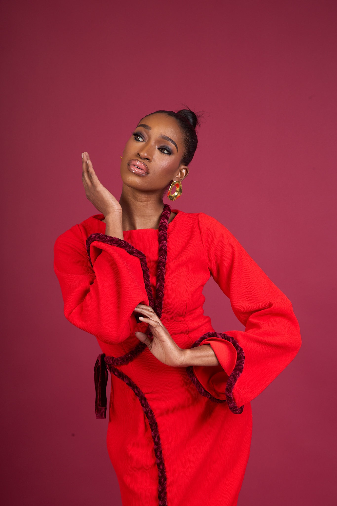 KION - Red Long-Sleeve Fitted Maxi Dress with Braided Hem