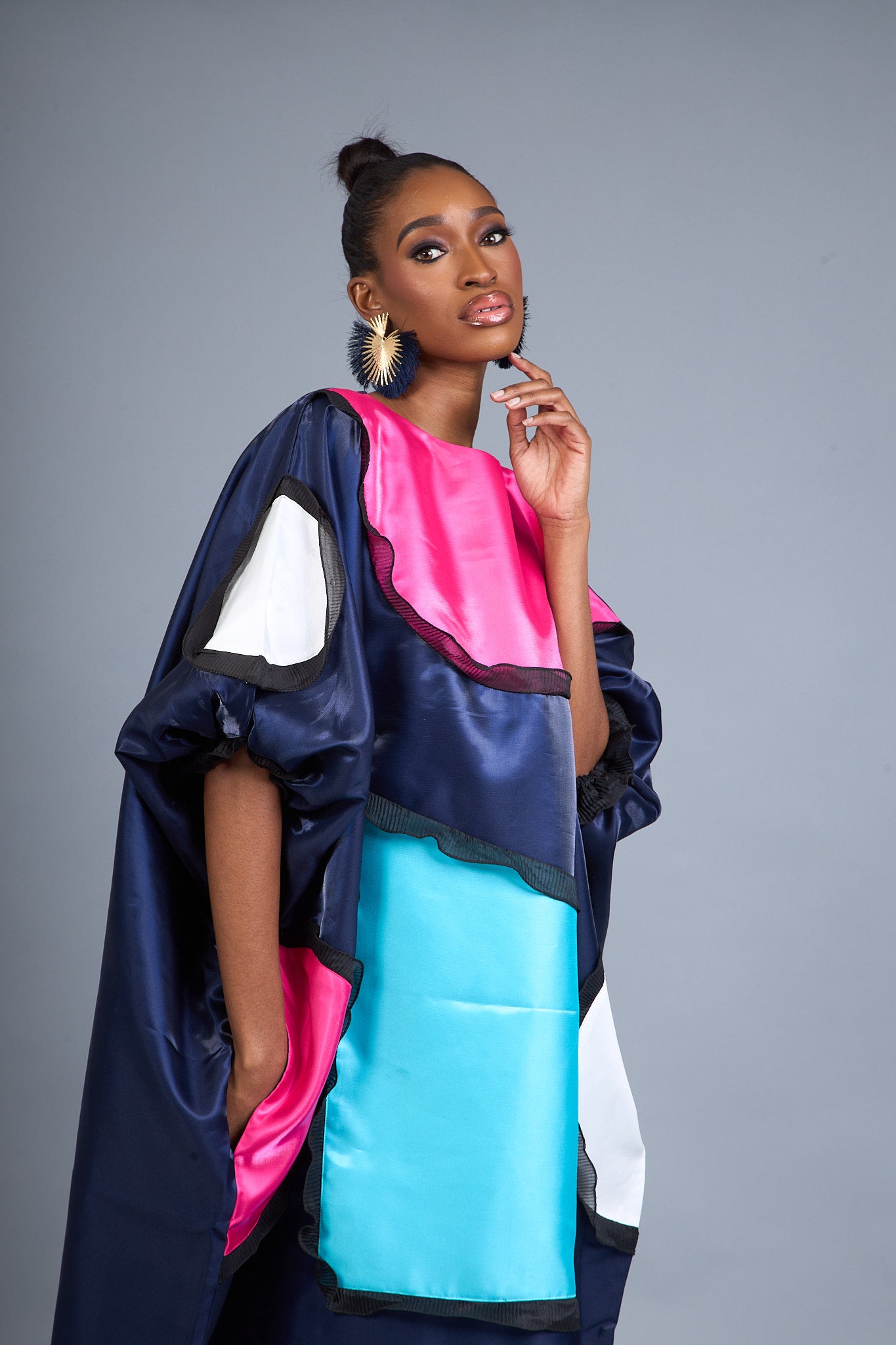 ONA - Navy Satin Kaftan Gown with Vibrant Color Details