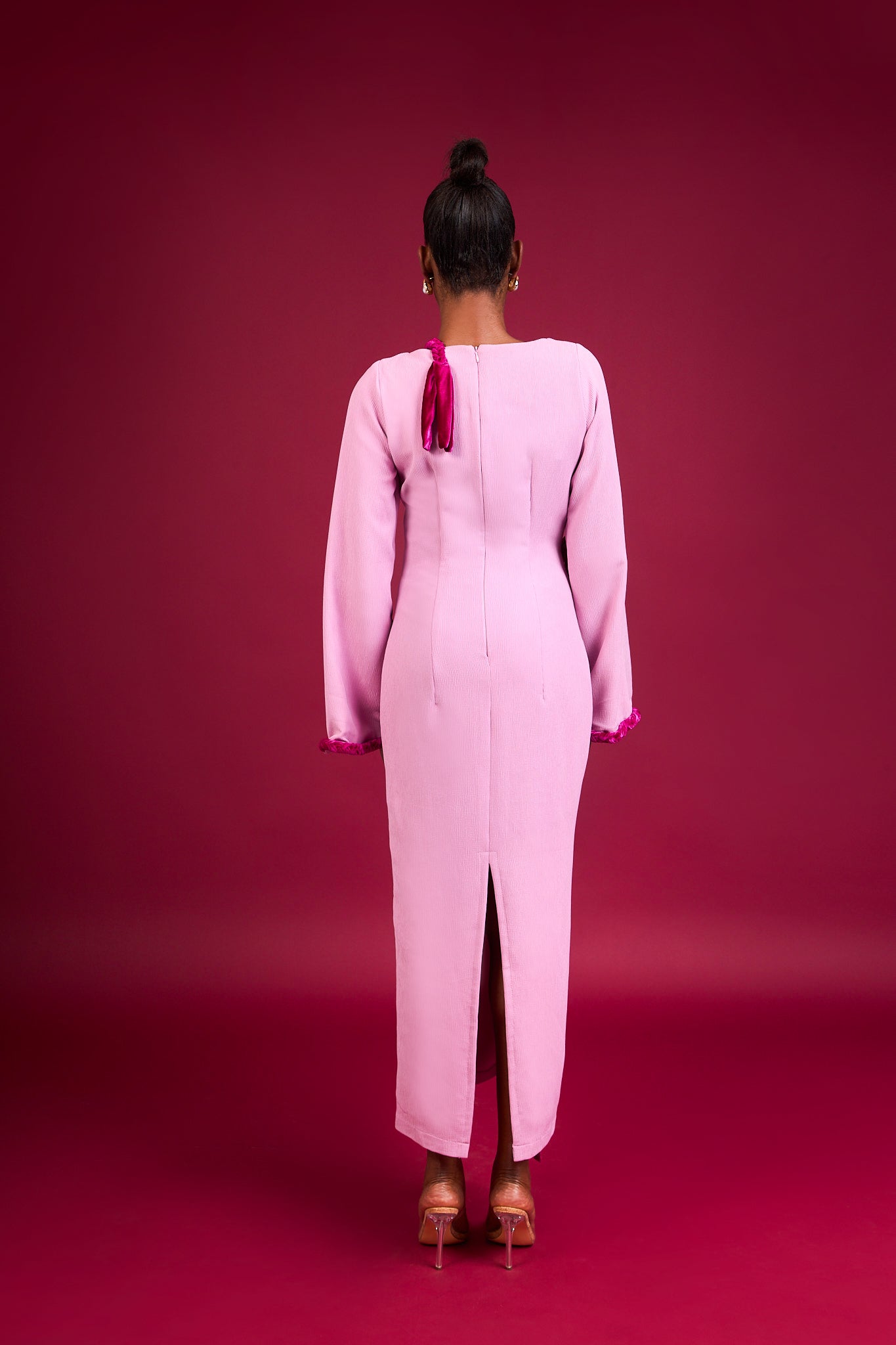 KION - Pink Long Sleeve Fitted Maxi Dress with Braided Hem