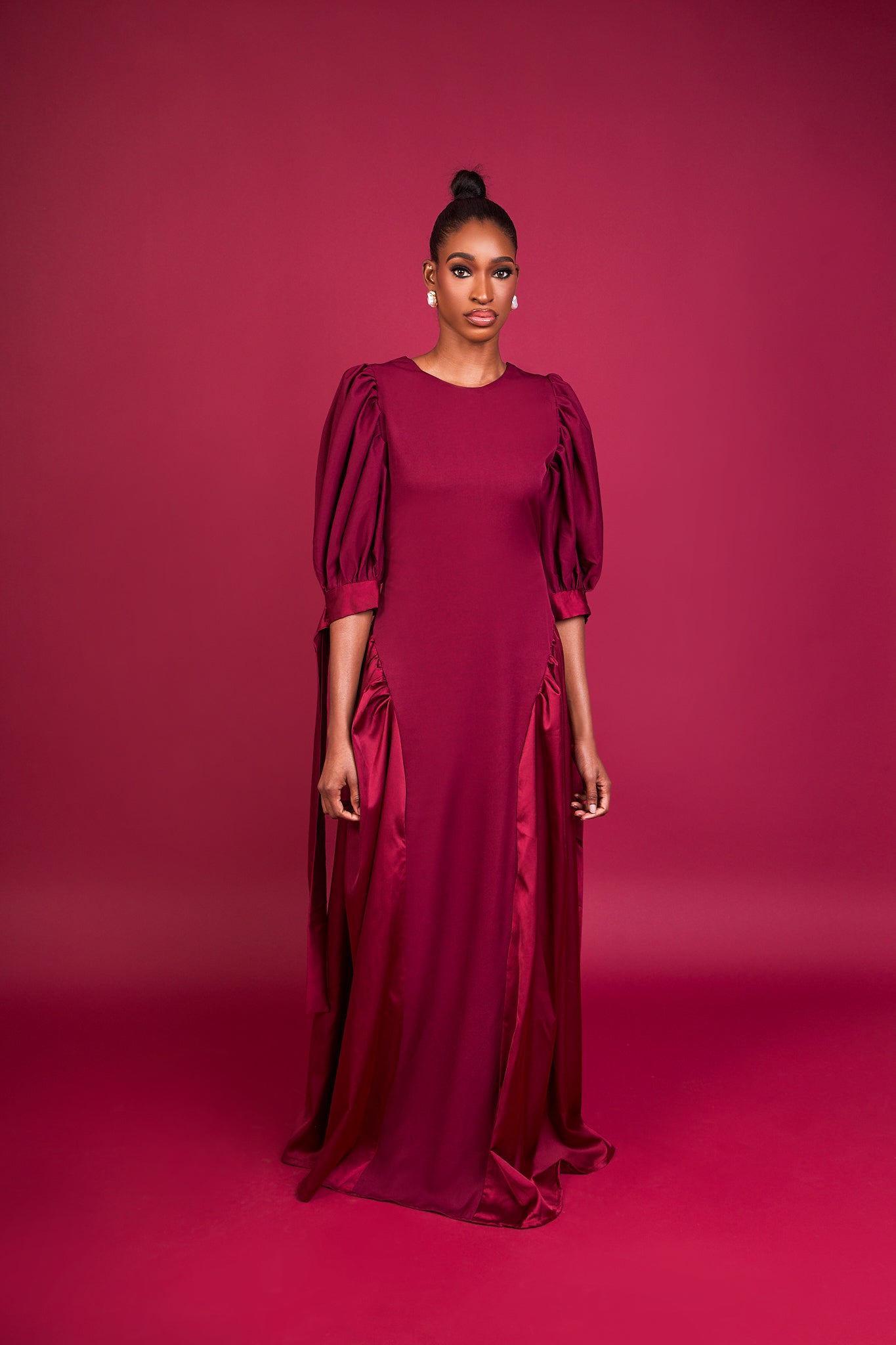 LORI - Burgundy Crepe & Silk Maxi Dress with Puff Sleeves and Bow-Tie Detailing