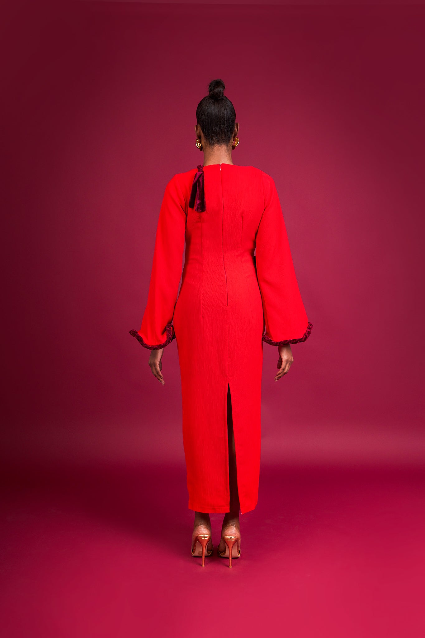 KION - Red Long-Sleeve Fitted Maxi Dress with Braided Hem