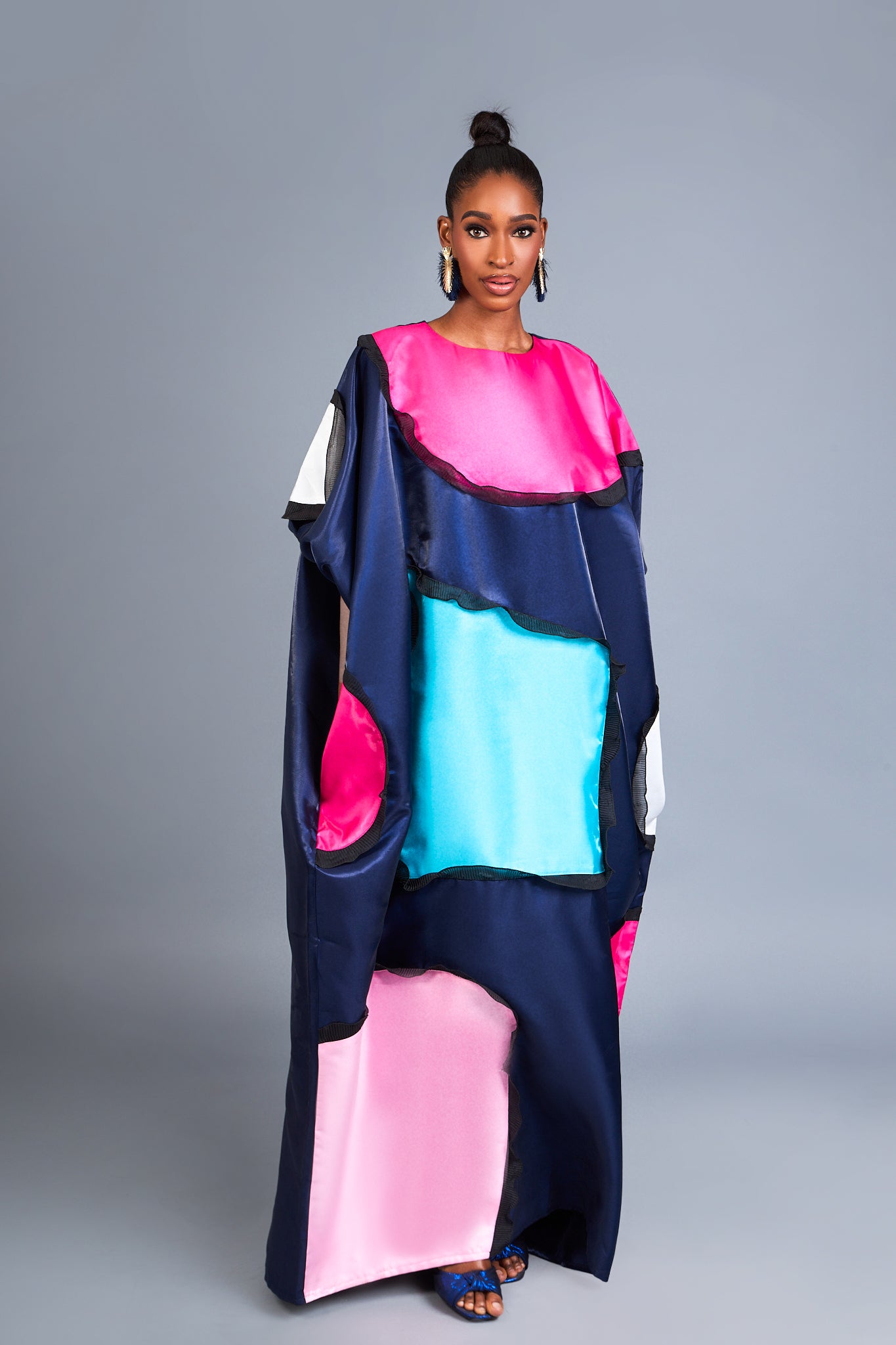 ONA - Navy Satin Kaftan Gown with Vibrant Color Details