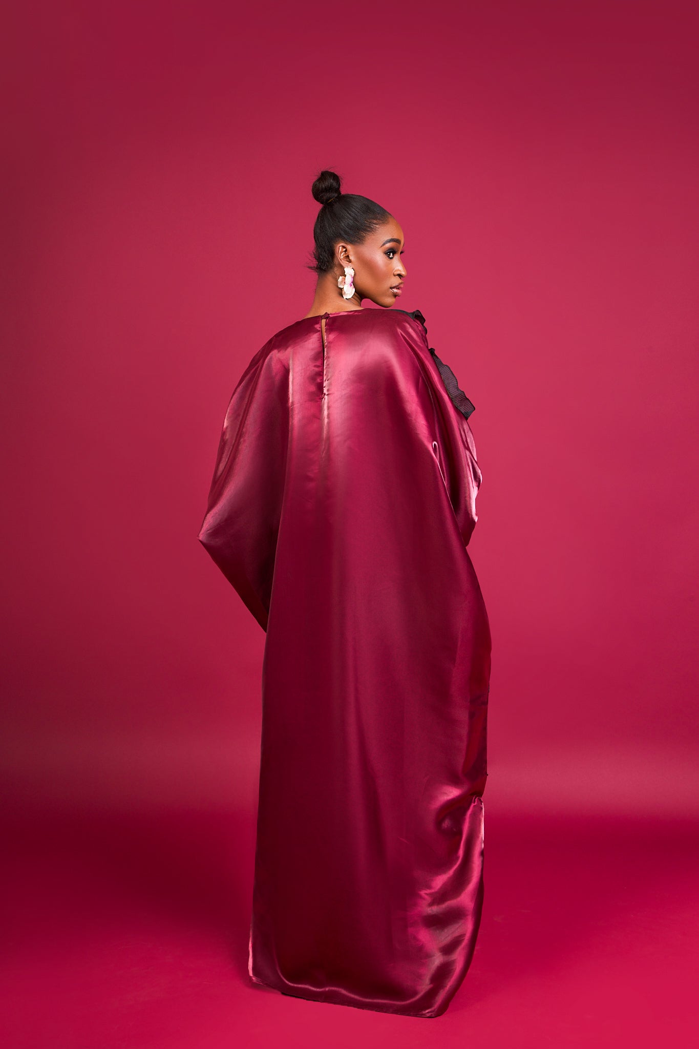 ONA - Burgundy Satin Kaftan Gown with Vibrant Color Details
