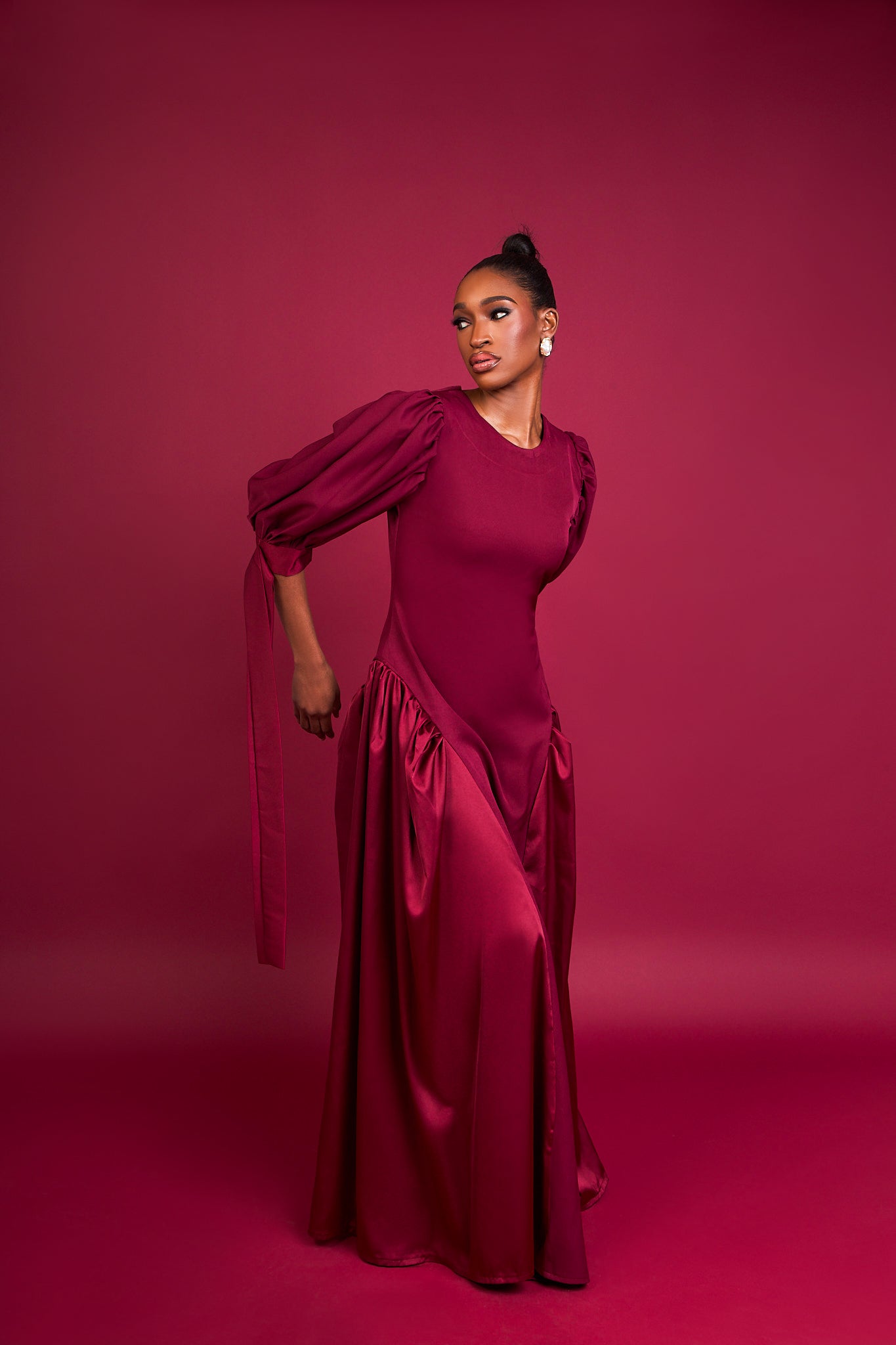 LORI - Burgundy Crepe & Silk Maxi Dress with Puff Sleeves and Bow-Tie Detailing