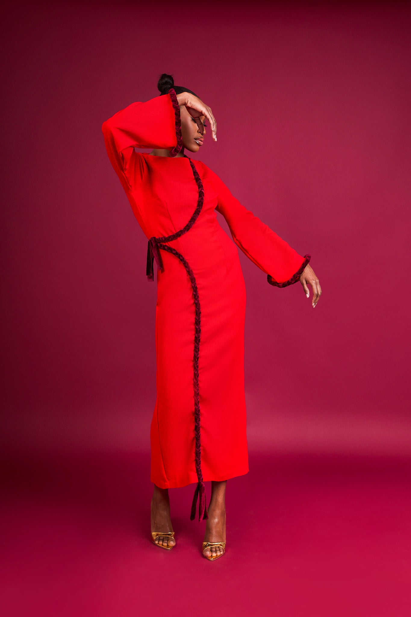 KION - Red Long-Sleeve Fitted Maxi Dress with Braided Hem