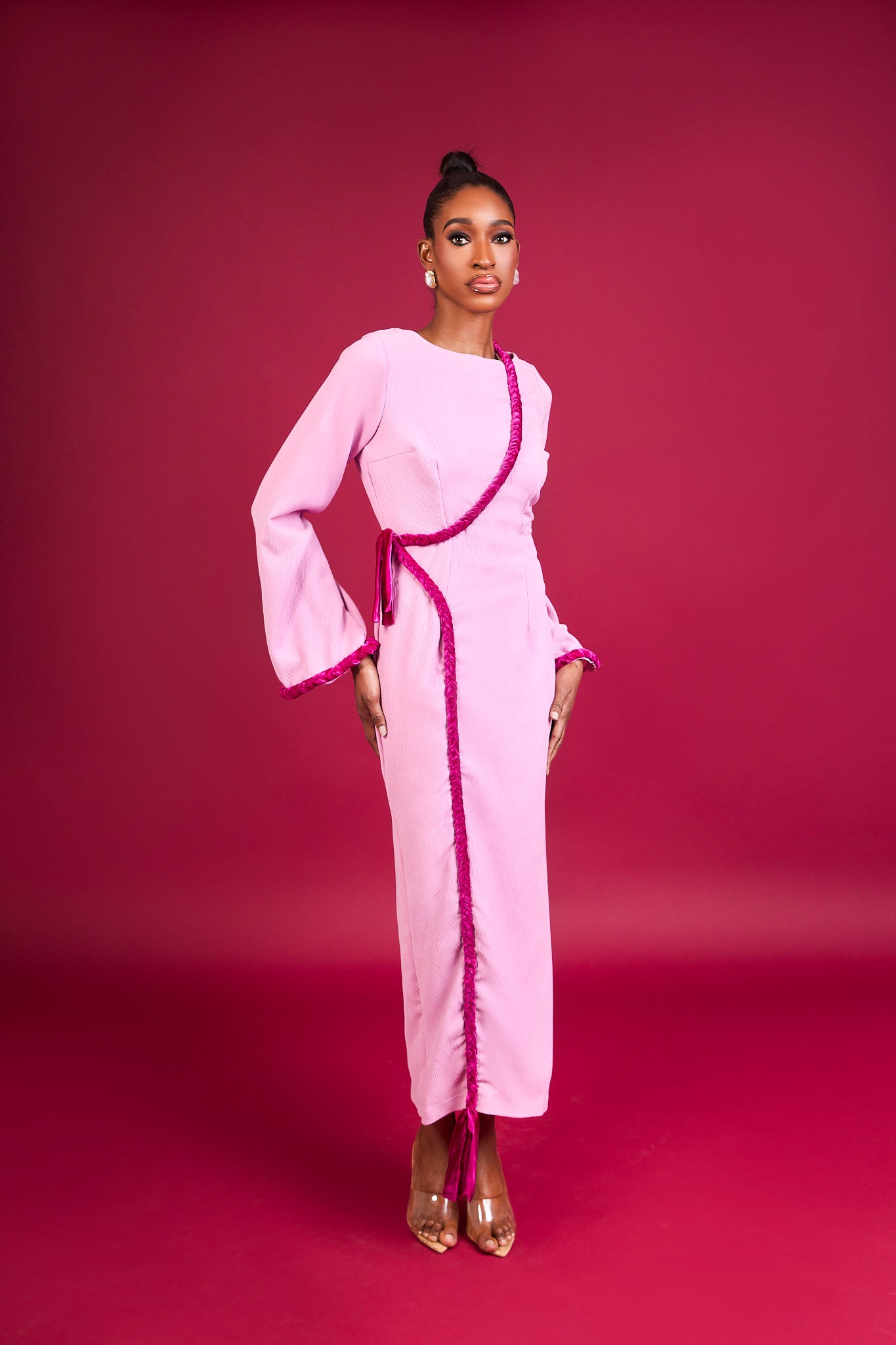 KION - Pink Long Sleeve Fitted Maxi Dress with Braided Hem