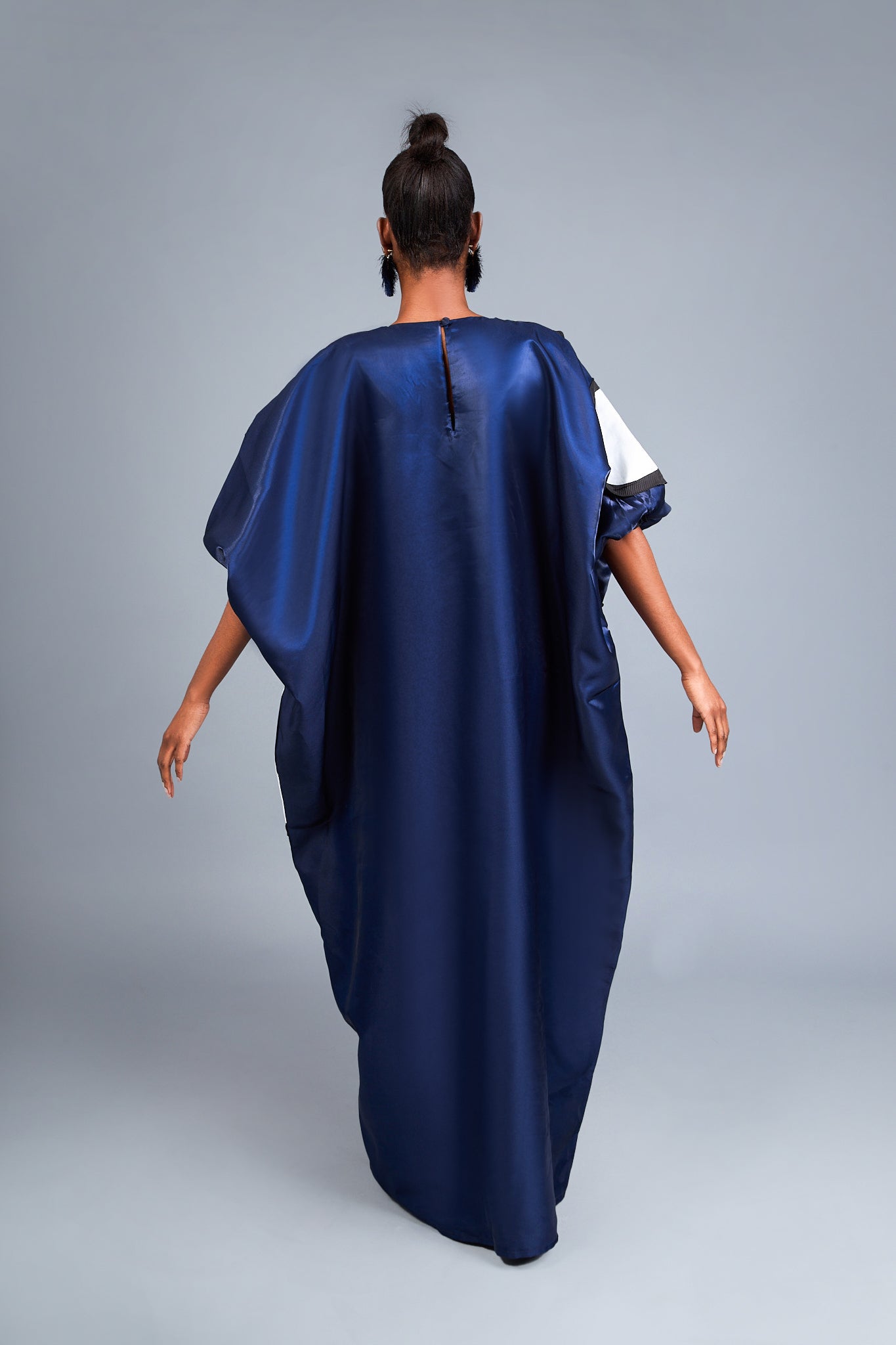 ONA - Navy Satin Kaftan Gown with Vibrant Color Details