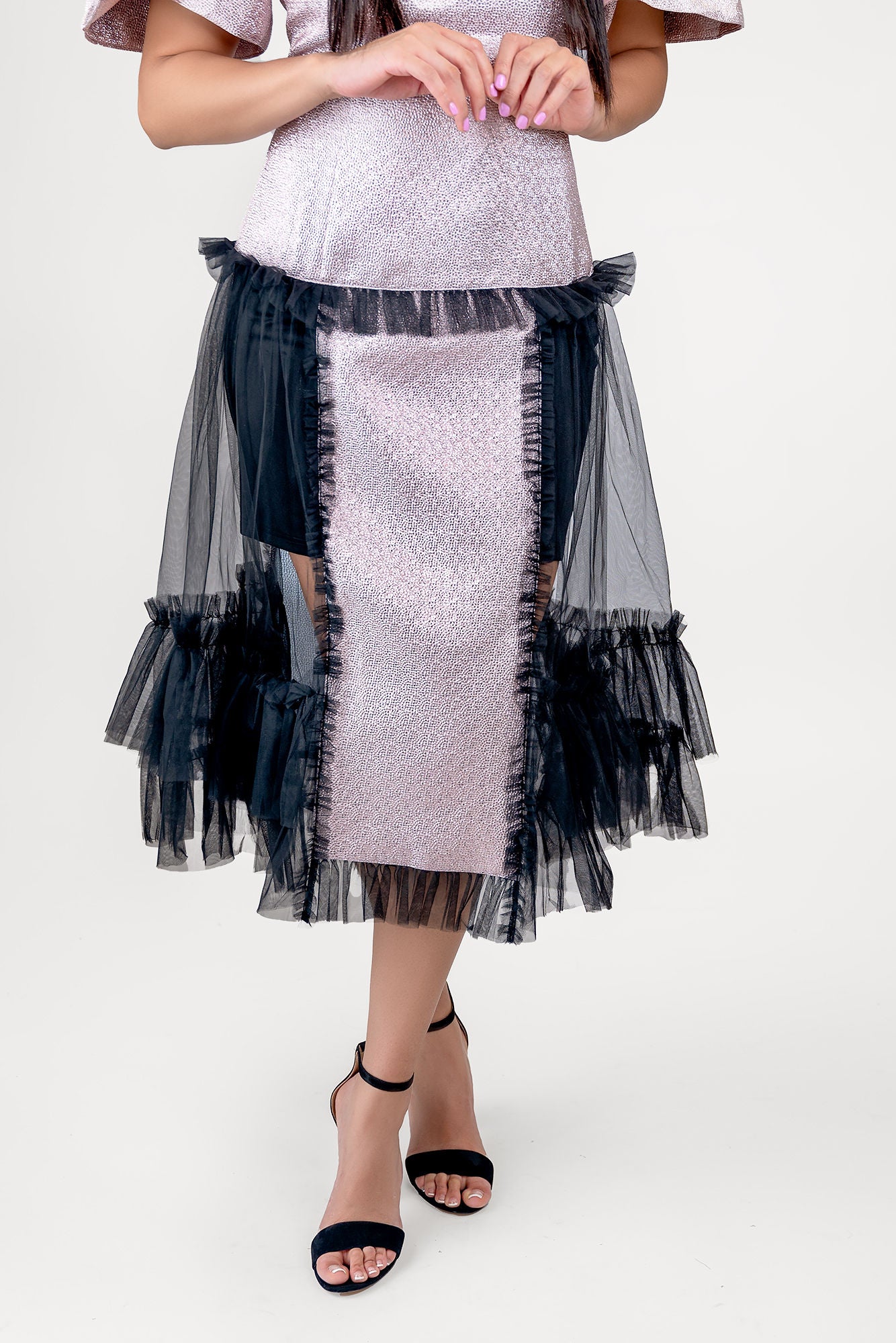 KAIRA PUFF SLEEVE JACQUARD TULLE DRESS - PINK