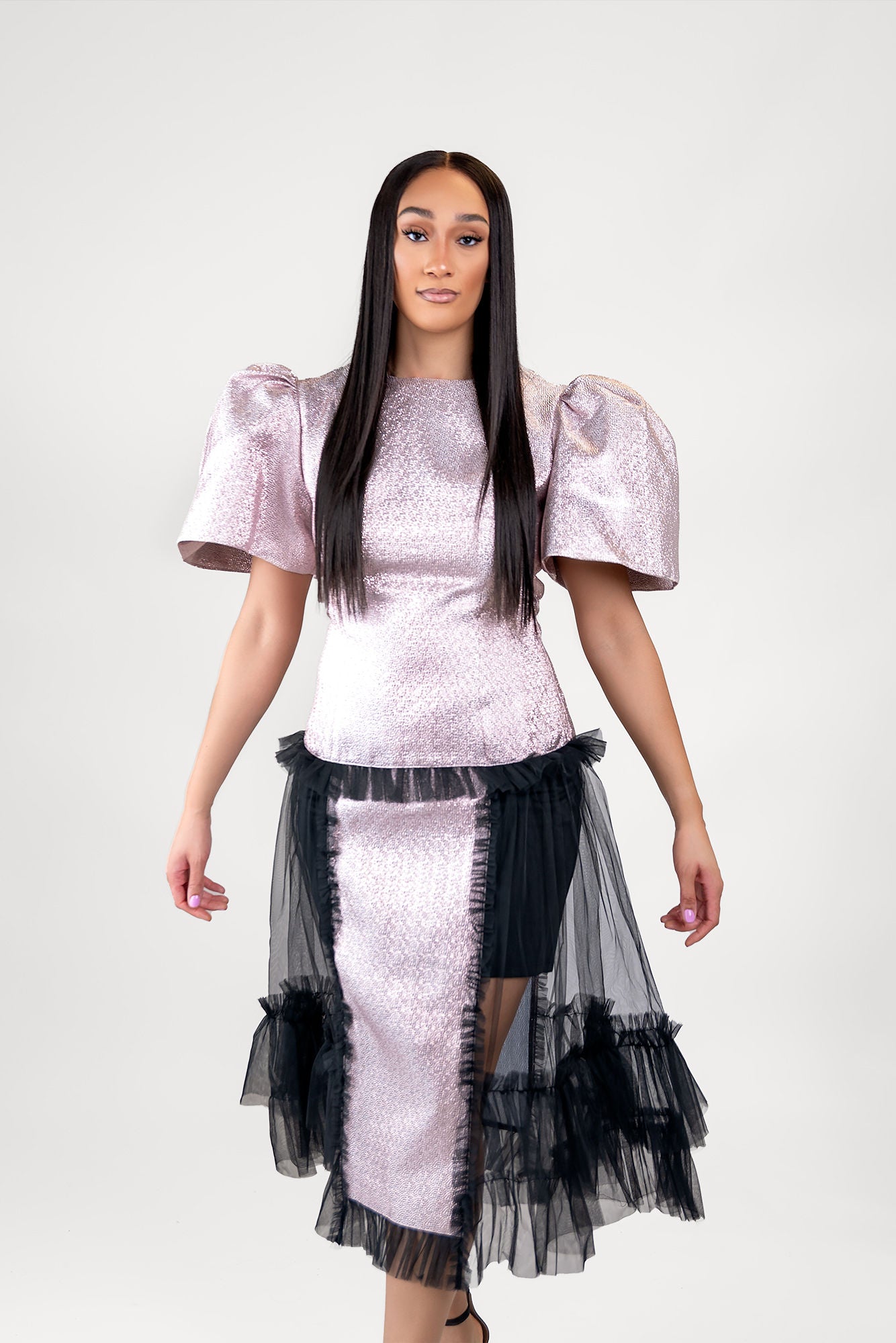 KAIRA PUFF SLEEVE JACQUARD TULLE DRESS - PINK
