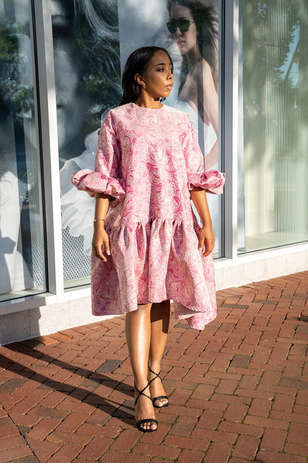 SHAUN ASYMMETRICAL GATHER HEM PUFF SLEEVE DRESS