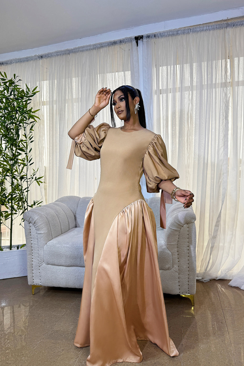 LORI - Champagne Crepe & Silk Maxi Dress with Puff Sleeves and Bow-Tie Detailing