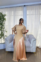 LORI - Champagne Crepe & Silk Maxi Dress with Puff Sleeves and Bow-Tie Detailing