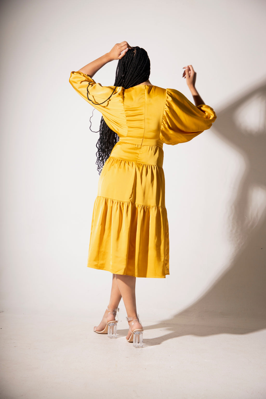 BELLE SATIN DOLMAN SLEEVE MIDI DRESS - MUSTARD YELLOW