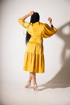 BELLE SATIN DOLMAN SLEEVE MIDI DRESS - MUSTARD YELLOW