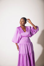 BELLE SATIN DOLMAN SLEEVE MIDI DRESS - PURPLE