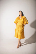 BELLE SATIN DOLMAN SLEEVE MIDI DRESS - MUSTARD YELLOW