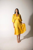 BELLE SATIN DOLMAN SLEEVE MIDI DRESS - MUSTARD YELLOW