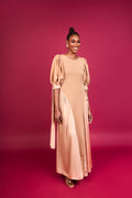 LORI - Champagne Crepe & Silk Maxi Dress with Puff Sleeves and Bow-Tie Detailing
