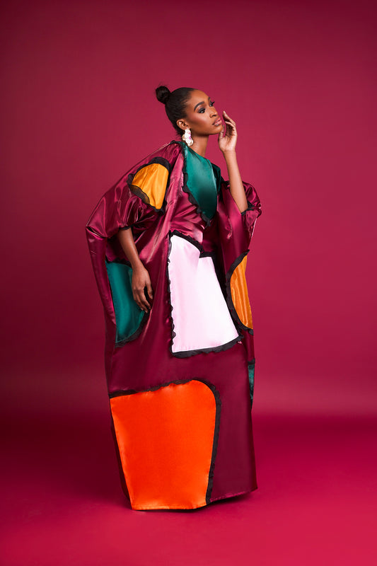 ONA - Burgundy Satin Kaftan Gown with Vibrant Color Details