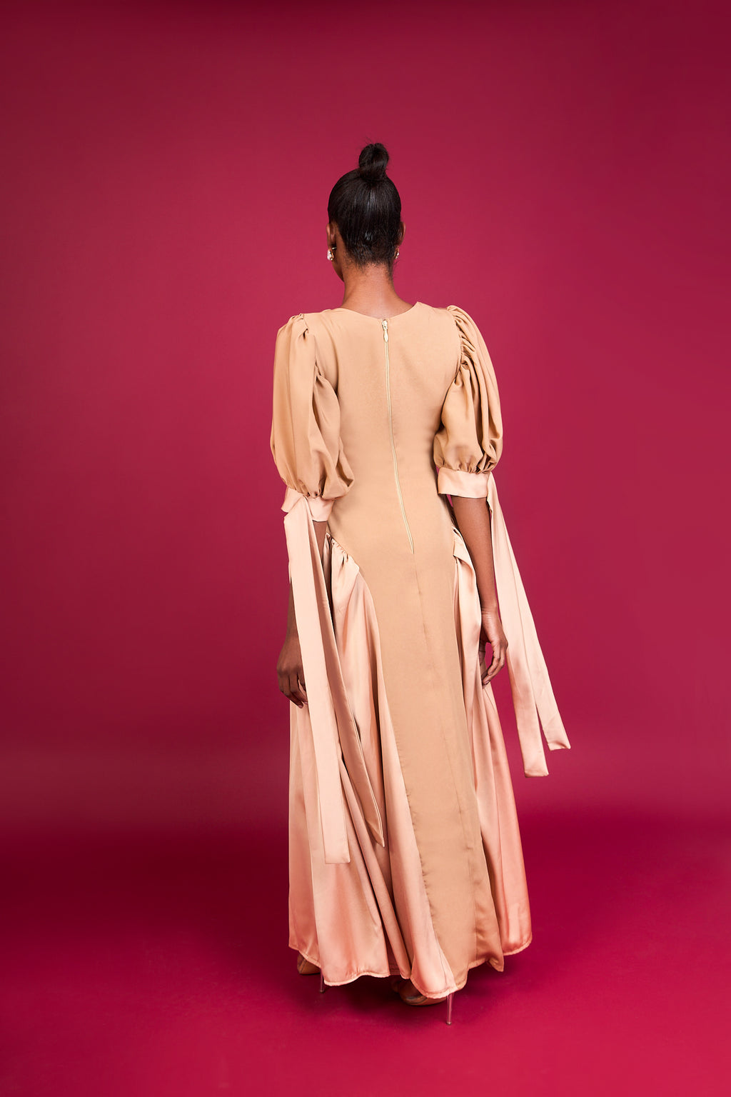 LORI - Champagne Crepe & Silk Maxi Dress with Puff Sleeves and Bow-Tie Detailing