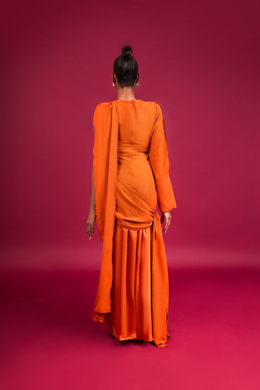 SHEBA - Flowing Orange Draped Evening Gown