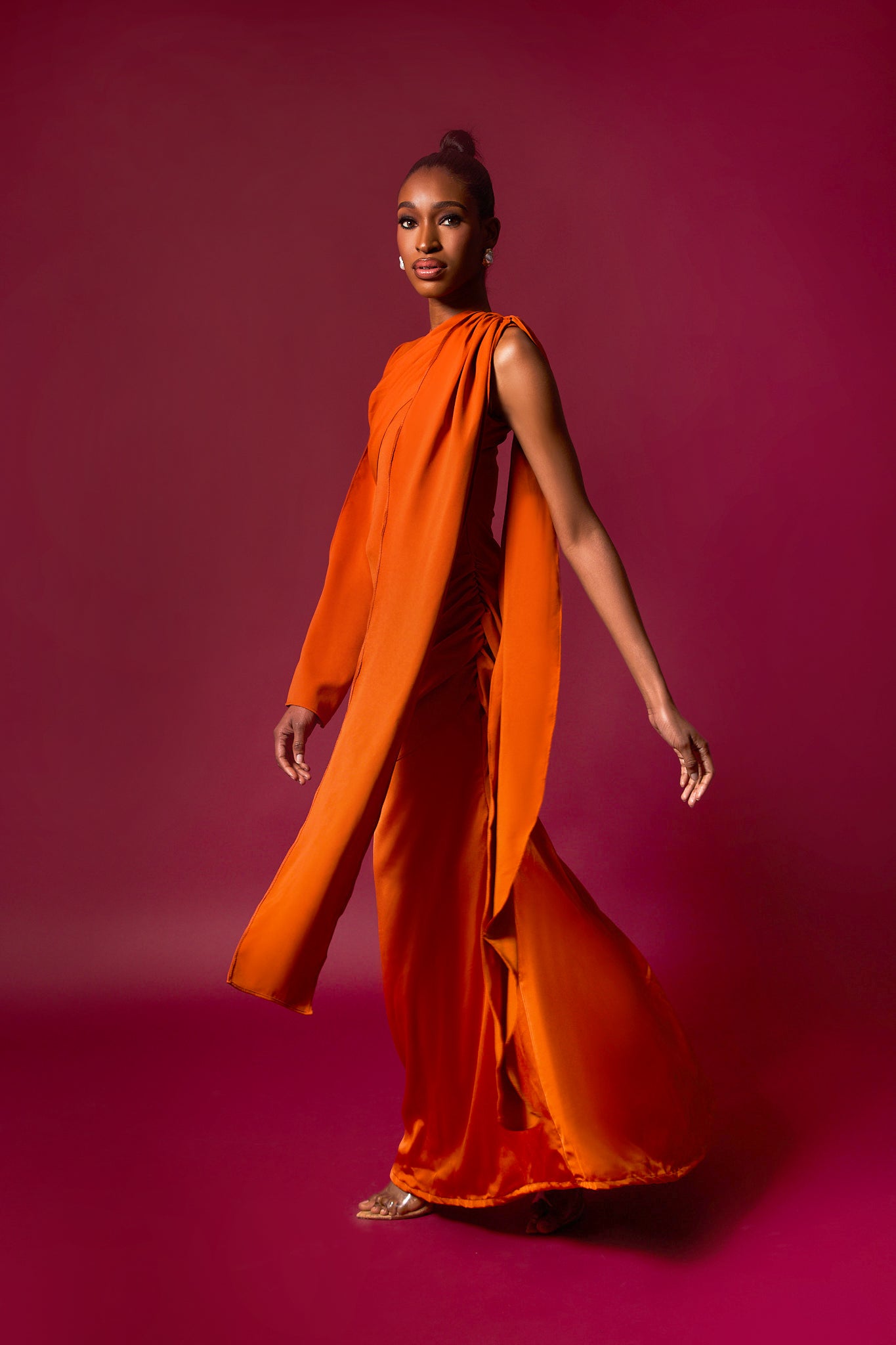 SHEBA - Flowing Orange Draped Evening Gown