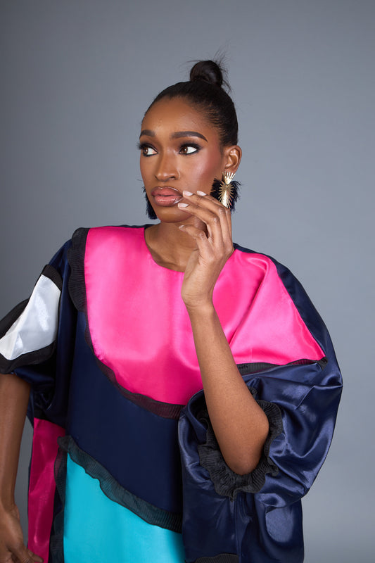 ONA - Navy Satin Kaftan Gown with Vibrant Color Details