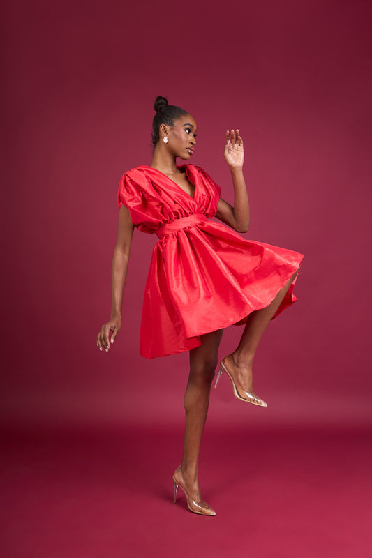 MANDY - Red Pleated Mini Dress with V-Neck