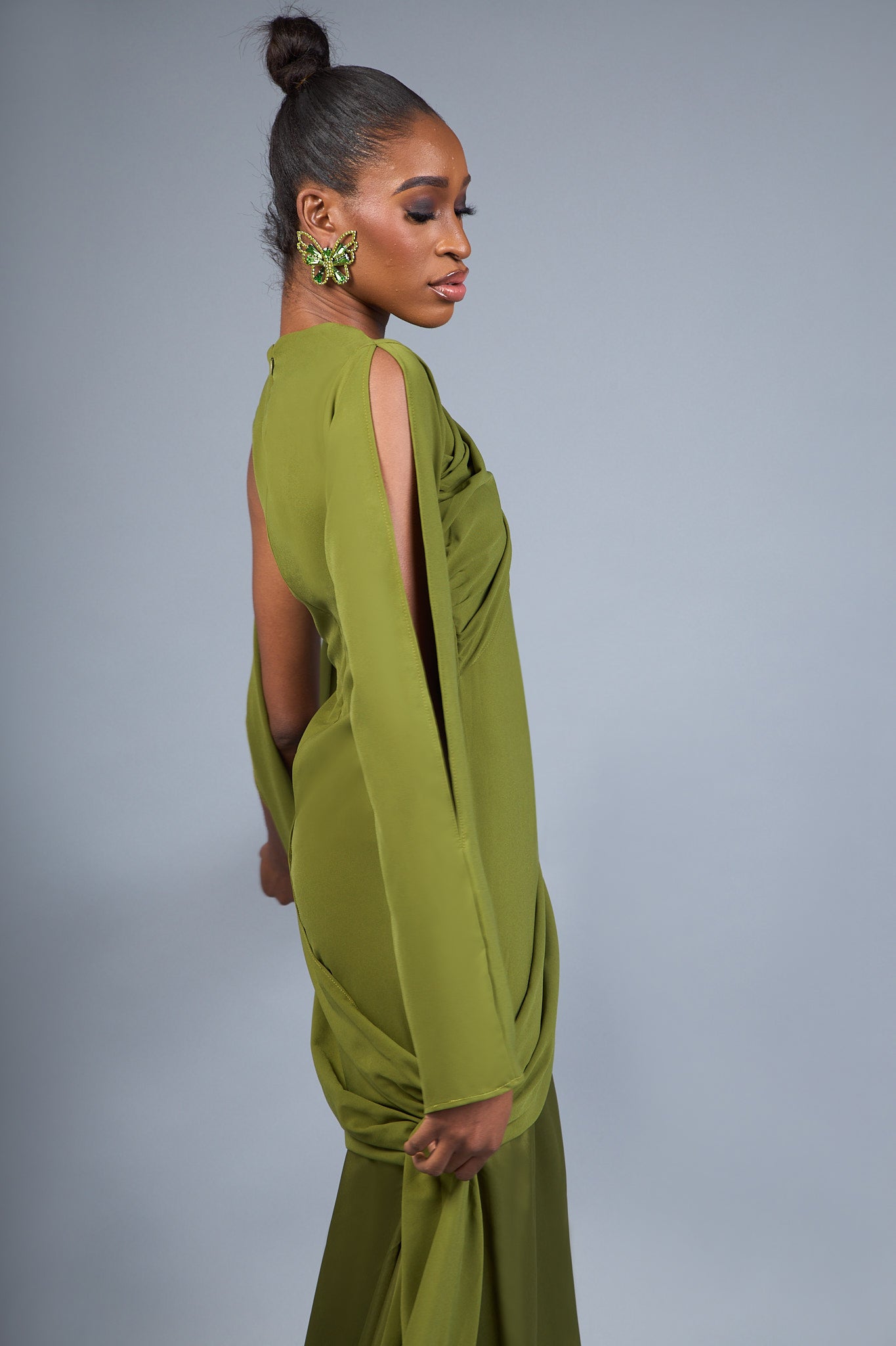 SHEBA - Flowing Olive Green Draped Evening Gown