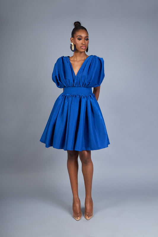 MANDY - Royal Blue Pleated Mini Dress with V-Neck