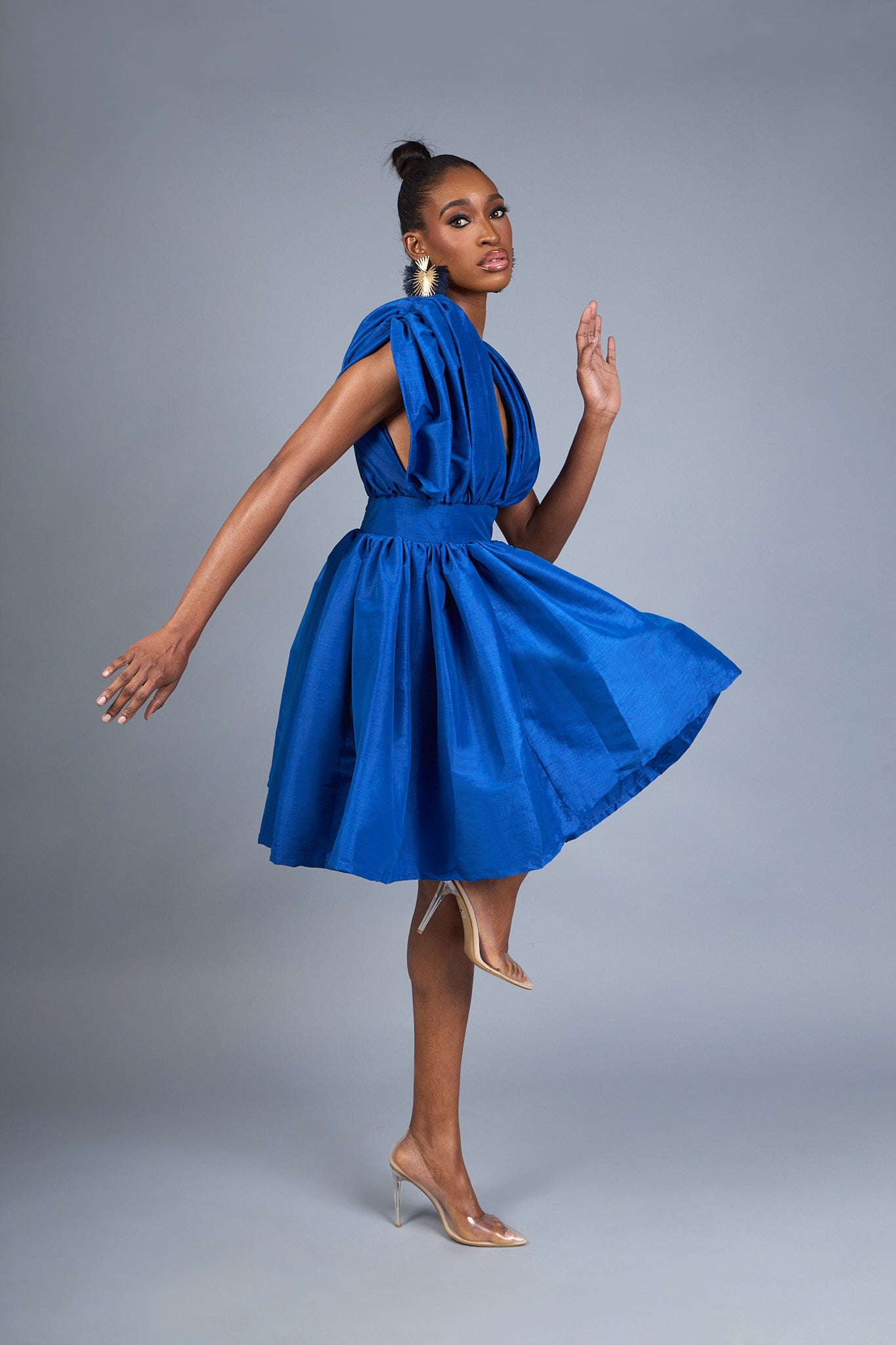 MANDY - Royal Blue Pleated Mini Dress with V-Neck